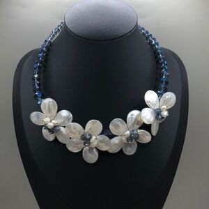 Artisan memory coil wrap necklace MoP flowers and crystal beads.